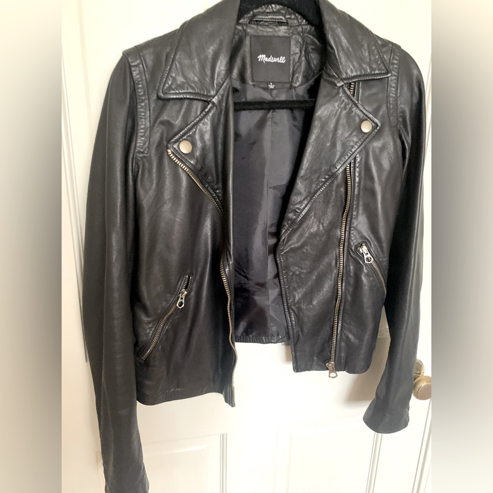 Madewell Washed Leather Motorcycle Jacket: Brass Hardware Edition - Black, Small